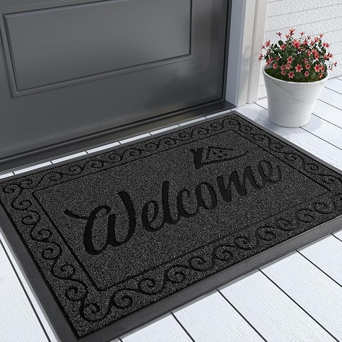 Yimobra Welcome Front Door Mat, Heavy Duty Easy Clean Doormat Indoor Outdoor, Waterproof Quick Dry Floor Mat for Home, Garage, Hign Traffic Areas, Non Slip, Low Profile, 29.5X17 Inches, Black