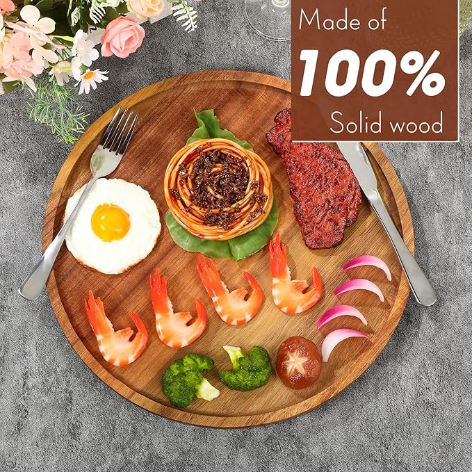 Rtteri 10 Pieces Acacia Round Wood Plates 14 x 1 Inch Dinner Plates Wooden Charger Platter Bulk Easy Cleaning Lightweight Serving Tray for Dishes Snack Dessert