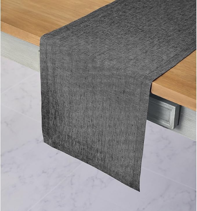 Solino Home Linen Table Runner 72 Inches Long - Athena, 100% Pure Linen Charcoal Grey Dining Table Runner 14 x 72 Inch for Halloween, Thanksgiving - Handcrafted and Machine Washable