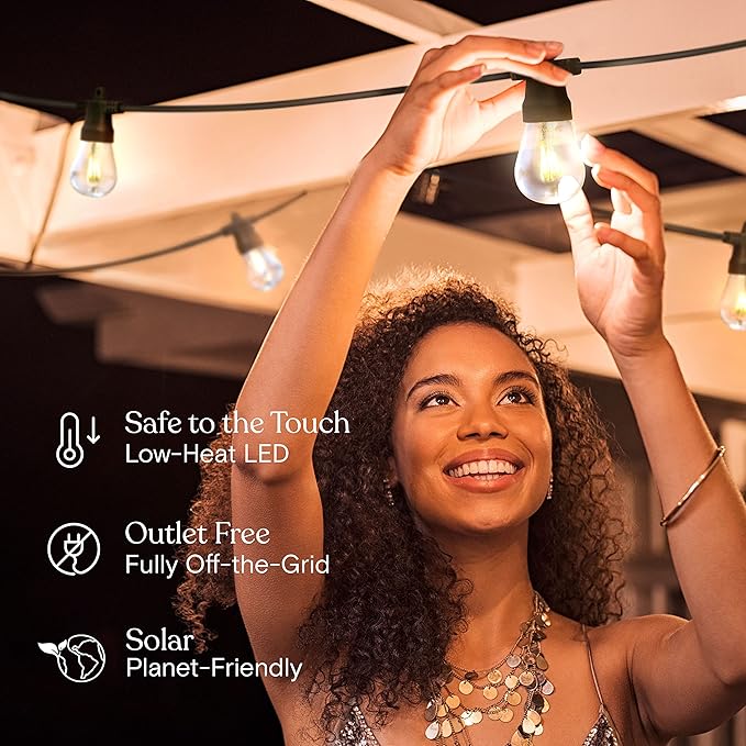 Brightech Ambience Pro Solar Powered Outdoor String Lights, 27ft Remote Control Commercial Grade Waterproof Patio Lights, 12 Edison Bulbs, Shatterproof LED String Lights for Outside - 1W Soft White