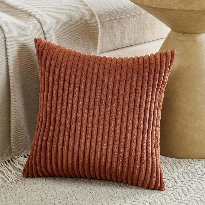 Fancy Homi Set of 2 Rust Boho Decorative Throw Pillow Covers 20x20 Inch for Couch Bed Sofa, Aesthetic Modern Organic Room Decor, Soft Fuzzy Striped Corduroy Cute Terracotta Textured Cushion Case 50cm