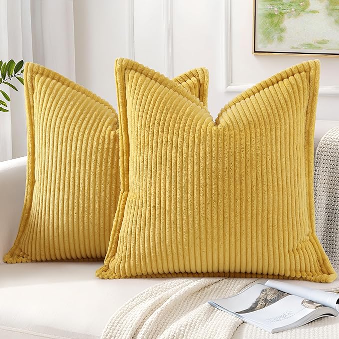 Mecatny Corduroy Throw Pillow Covers 16x16 Set of 2, Neutral Decorative Soft Boho Couch Pillow Covers with Broadside for Sofa Living Room, Mustard Yellow