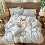 MooMee Wavy Striped Duvet Cover Set 100% Washed Cotton Linen Like Textured Breathable Durable Soft Comfy (Light Grey, Queen 90"x90")