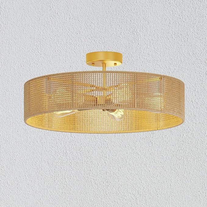 24-Inch Rattan Light Fixture, 6000LM Boho Light Fixture, Corrosion & Rust-Proof Rattan & Boho Ceiling Light for Living Room, Bedroom, Dining Room, Nursery & Entryway, E12 Bulb (Not Included)