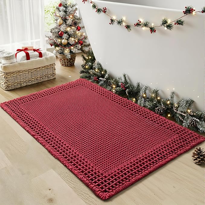 RESARE Waffle Bath Mat for Bathroom, Super Absorbent Bathroom Rugs Non Slip Machine Washable, Ultra Soft Quick Dry Boho Bath Rugs with Tassels for Floor, Upgraded Bordered Design, 18"x30" Red