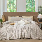 MooMee Gingham Duvet Cover Set 100% Washed Cotton Linen Like Textured Breathable Durable Soft Comfy Modern Checkered Design (Tannish Linen Grey Gingham, Cal King 104"x98")