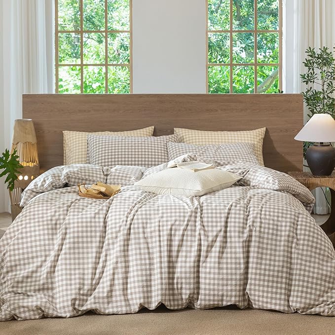 MooMee Gingham Duvet Cover Set 100% Washed Cotton Linen Like Textured Breathable Durable Soft Comfy Modern Checkered Design (Tannish Linen Grey Gingham, Cal King 104"x98")