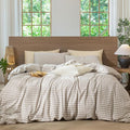 MooMee Gingham Duvet Cover Set 100% Washed Cotton Linen Like Textured Breathable Durable Soft Comfy Modern Checkered Design (Tannish Linen Grey Gingham, Oversized Queen 98"x98")