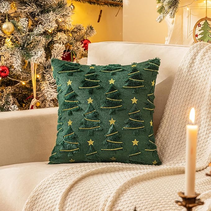 AQOTHES Christmas Tree Decorative Green Throw Pillow Covers 20x20 Set of 2, Faux Fur Farmhouse Throw Pillows Cushion Cases for Xmas Winter Holiday Home Decor