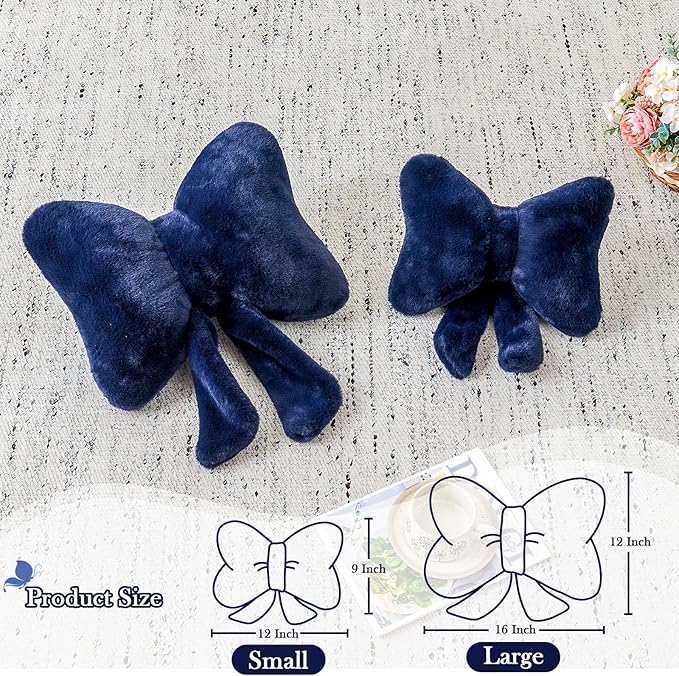 Navy Bow Pillow, Soft Bow Decorative Pillows with Faux Rabbit Fur, Cute 12" Bow Throw Pillows, Aesthetic Home Decor Bow Shaped Plush Pillow for Bedroom Sofa Couch