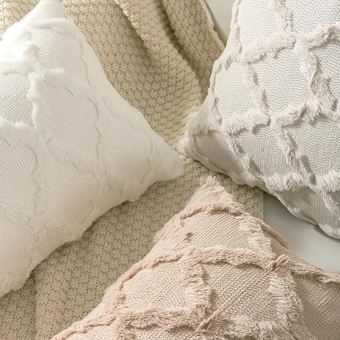 Set of 2 Soft Moroccan Throw Pillow Covers 12x20 Inch Plush Boho Decorative Pillow Cover Accent Cushion Case for Couch Sofa Bed, Cream White