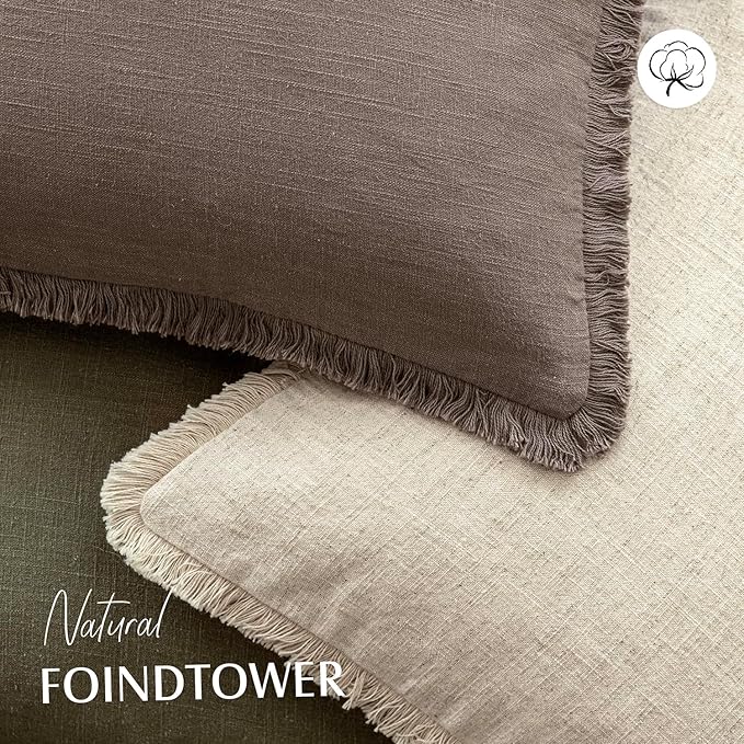 Foindtower Set of 2 Decorative Linen Fringe Throw Pillow Covers Boho Farmhouse Cushion Cover with Tassels Soft Accent Pillowcase for Couch Sofa Bed Living Room Home Decor,26×26 Inch,Light Coffee