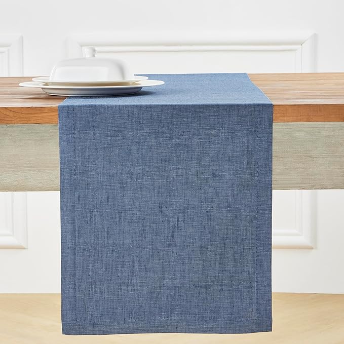 Solino Home Linen Table Runner 144 Inches Long - Athena, 100% Pure Linen Blue Denim Dining Table Runner 14 x 144 Inch for Christmas