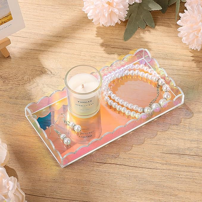 Iridescent Acrylic Bathroom Vanity Tray 7.9",Iridescent Soap Dispenser Decorative Scalloped Tray for Bathroom Kitchen Living Room Decor Colorful Vanity Perfume