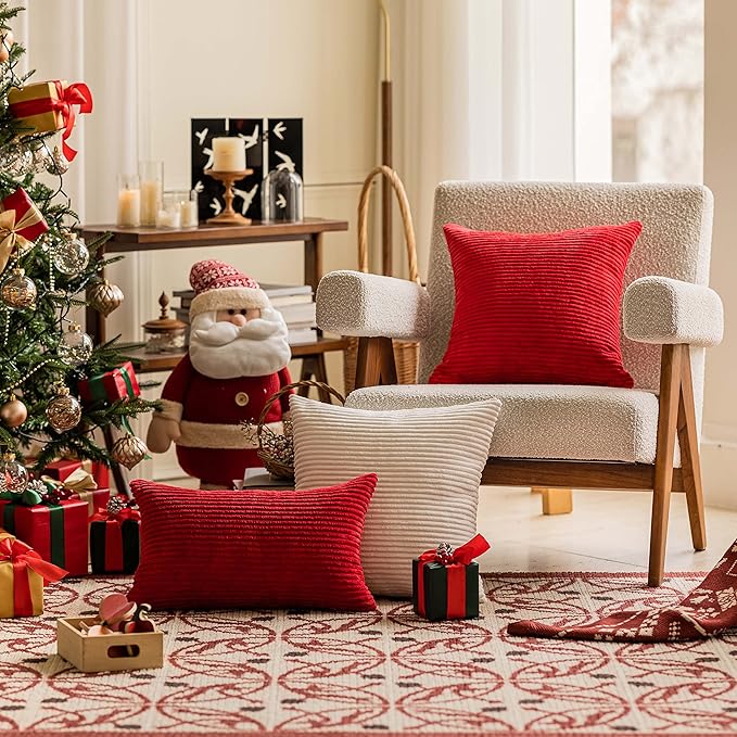 Home Brilliant Red Pillow Covers 12x20 Throw Pillows for Couch Pack of 2 Striped Corduroy Lumbar Rectangle Indoor Pillow Cover Holiday Bench Sofa Couch Christmas, 12 x 20 inch, Red