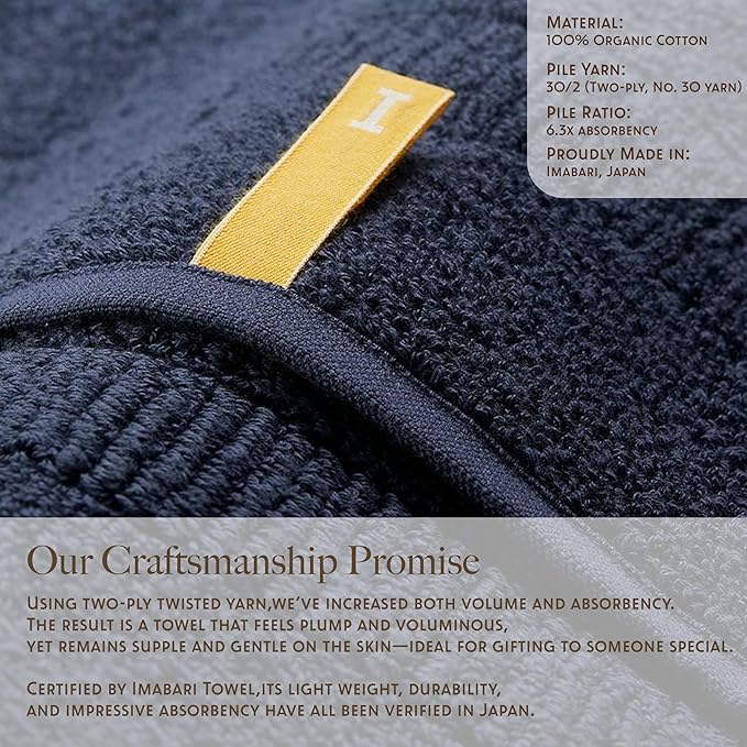 Extra Absorbent Organic Cotton Bath Towels, Soft & Plush, Made in Japan, Oeko-Tex Class 1 Certified, 28 x 53 inch, Navy, Pack of 1 – Proof of Purity