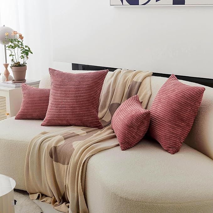 Home Brilliant 26x26 Pillow Covers Euro Shams Cover Large Solid Striped Corduroy Euro Throw Pillow Cushion Cover Sham for Patio, 26 x 26 inch, Dry Rose Pink