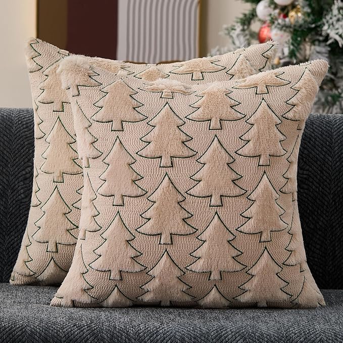 Christmas Pillow Covers 18x18 Set of 2 Beige Christmas Tree Decorations Pillow Covers Soft Plush Faux Fur Pillow Cases Decor for Xmas Winter Holiday Home Bedroom Sofa Cushion Cases PT-017C18
