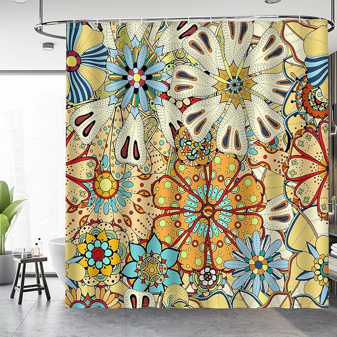 Aimego Long Boho Shower Curtain - Chic Floral Bohemian Mandala Gypsy Flowers Fabric Cloth Shower Curtain Set with 12 Hooks for Adults Bathroom Decor Accessories Bathtub Curtain, 72"x78"