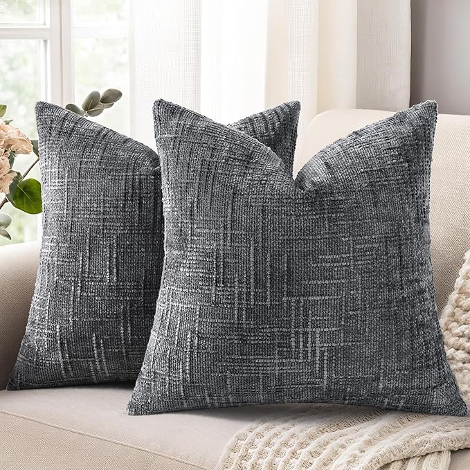 decorUhome Dark Grey Chenille Throw Pillow Covers 16x16 Set of 2 Thick Textured Slubby Couch Pillow Covers Farmhouse Accent Modern Neutral Decorative Pillow Cases for Bed Sofa Living Room