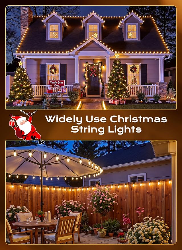 Brightown C9 LED Christmas Lights Outdoor, 50 FT 50 Warm White Connectable C9 String Lights for Christmas Tree Patio Roofline Garden Backyard Holiday Party Indoor Outdoor Decoration, Green Wire