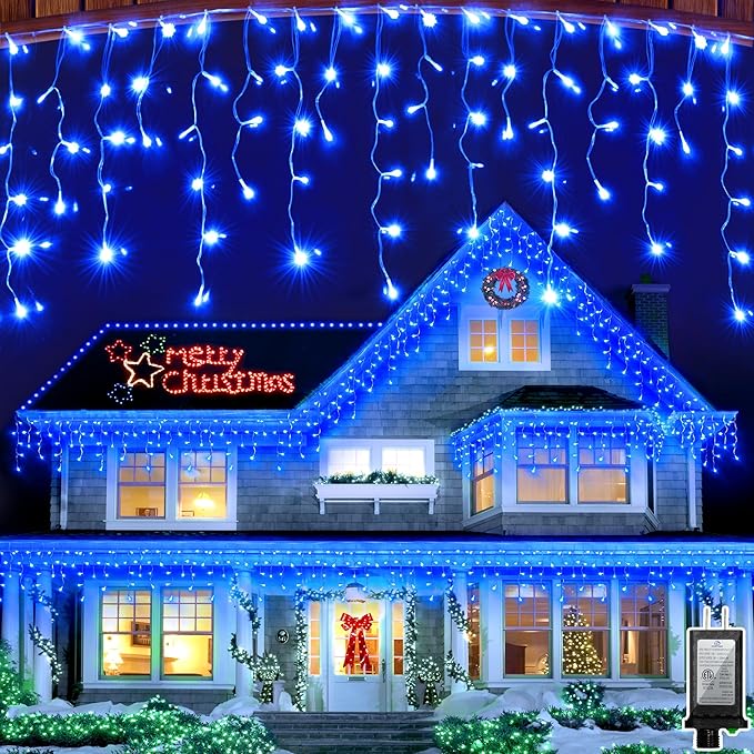 82ft 792 LED 176 Drops Christmas Lights, Outdoor Hanging lights with 8 Modes and Timer Memory, Plug In Outside Waterproof Curtain String Lights for House Fence Tree Holiday Party Decorations (Blue)