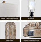 Farmhouse Lamps for Living Room Set of 2, 28" Table Lamps for Bedroom with USB Ports, 3-Way Dimmable Nightstand Table Lamp (Bulbs Included)