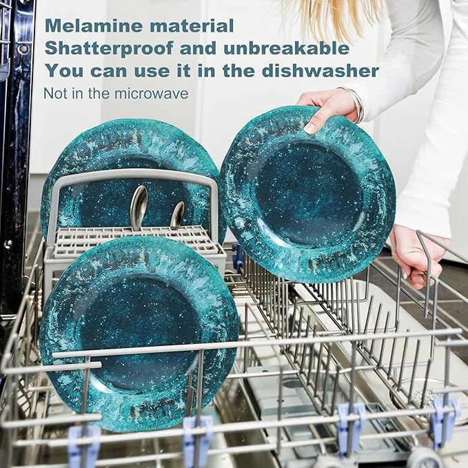 Melamine Dinnerware Sets, Melamine Plates and Bowls Set for 4, Best for Indoor and Outdoor Dining Party, Dishwasher Safe, Volcanic Pattern, Amber Green