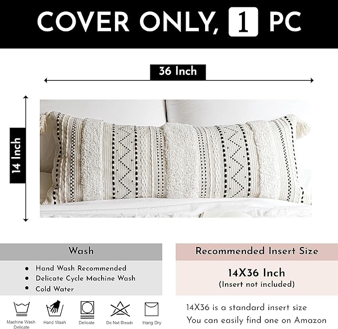 BlissBlush Black Neutral Decorative Lumbar Throw Pillow Cover 14x36 Boho Long Cushion for Bed Accent Farmhouse Pillowcase for Bedroom Living Room Couch Sofa Home Décor (Cover ONLY, Pack of 1)