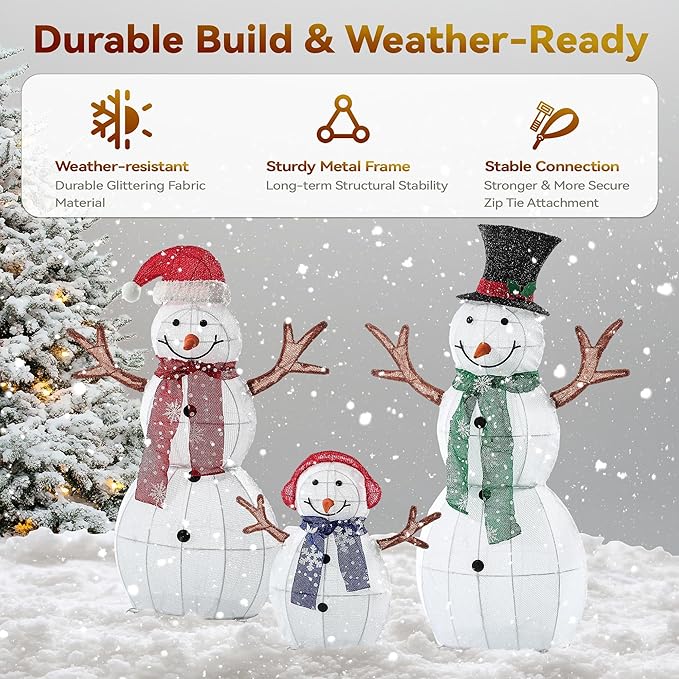 Large Christmas Snowman Family Decorations, 43Inch 3D Pre-Lit Snowman with 200 LED Lights & Zip Ties, Outdoor Indoor Holiday Decor for Yard,Porch,Home-Sparkling White