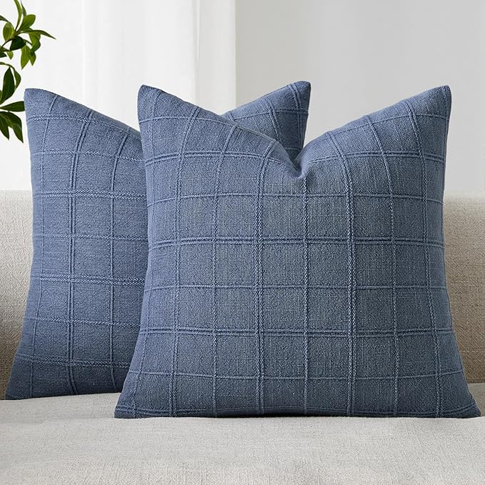 Woaboy Linen Check Throw Pillow Covers Set of 2 - Blue Farmhouse Modern Boho Vintage Decorative Cushion Covers for Sofa Couch Bedroom Living Room Decor 22x22 Inch