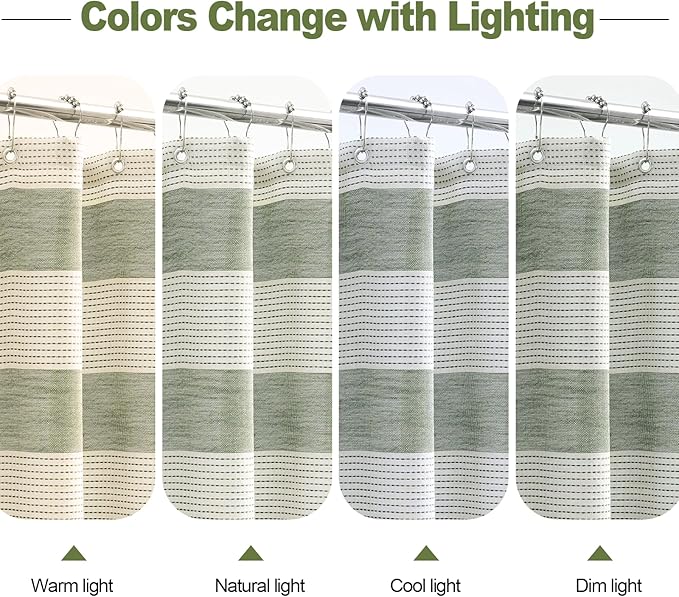 Boho Farmhouse Heavyweight Shower Curtain with Tassels, 350GSM Cotton Linen Woven Fabric Shower Curtain Striped, Sage Green Natural Country Bathroom Curtain Water Repellent