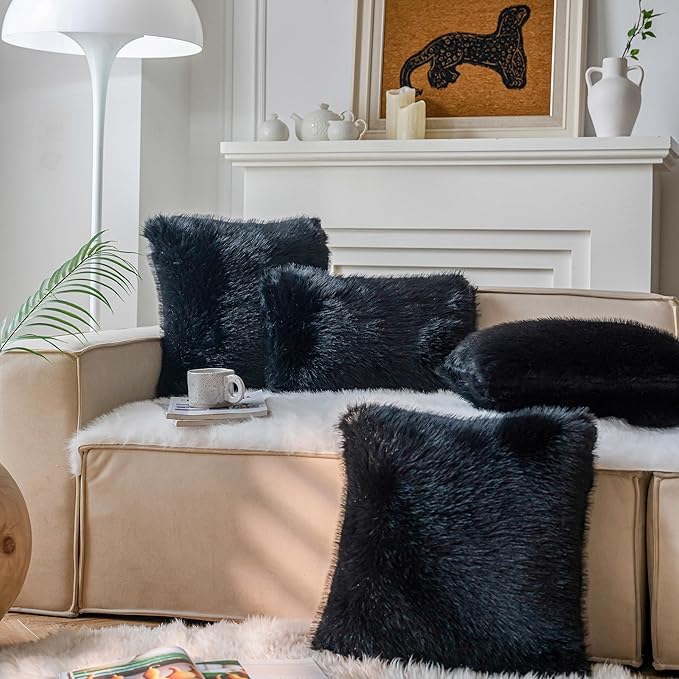 Neelvin Black Faux Fur Cozy Fluffy Double-Sided Decorative Throw Pillow Covers 12x20 inch Set of 2,Velvet Pillowcase Cushion Case for Sofa Couch