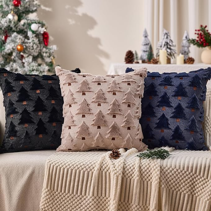 Christmas Pillow Covers 18x18 inch Set of 2 Navy Blue Xmas Decorations Soft Plush Faux Fur Wool Christmas Tree Throw Pillow Cases Winter Holiday Decor for Sofa Living Room PT002H18