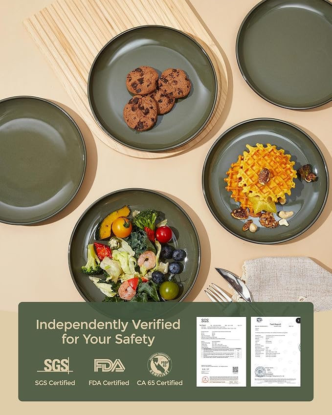 8 Inch Ceramic Plates Set, Microwave Safe Plates, Kitchen Serving Dishes, Scratch Resistant and Dishwasher Safe, Blackish Green