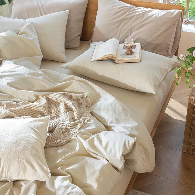MooMee Bedding Duvet Cover Set 100% Washed Cotton Linen Like Textured Breathable Durable Soft Comfy (Heathered Almond Milk Grey, Super King Plus 120"x120")