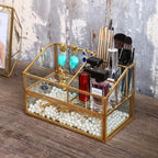 Golden Glass Box Vanity Tray Glass Case Makeup Display Organizer on Dresser, Multifunctional Cosmetic Storage for Palette Lipstick Makeup Brushes Skincare Perfumes Bathroom Accessories