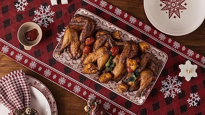 Bico Holly Jolly Ceramic 14 inch Rectangular Serving Platter, Set of 2, for Serving Salad, Pasta, Cheese, Ham, Appetizer, Microwave & Dishwasher Safe