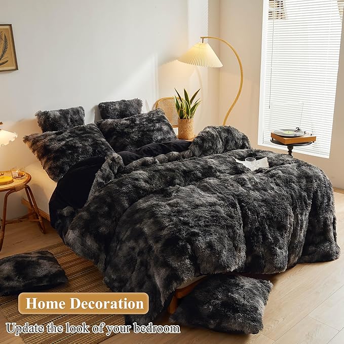 XeGe Tie Dye Faux Fur Fluffy Throw Pillow Cases, Plush Shaggy Soft Furry Pillowcases, Marble Print Velvet Fuzzy Decorative Pillow Covers for Bed Couch Zipper Closure, Set of 2(Standard, Tie Dye Black)