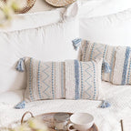 BlissBlush Blue Decorative Lumbar Throw Pillow Cover 12x20 Rectangular Boho Accent Pillowcase Neutral White Farmhouse Cushion for Couch Sofa Bedroom Living Home Décor (Cover ONLY, Pack of 1)