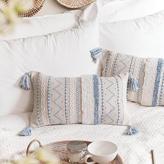 BlissBlush Blue Decorative Lumbar Throw Pillow Cover 12x20 Rectangular Boho Accent Pillowcase Neutral White Farmhouse Cushion for Couch Sofa Bedroom Living Home Décor (Cover ONLY, Pack of 1)