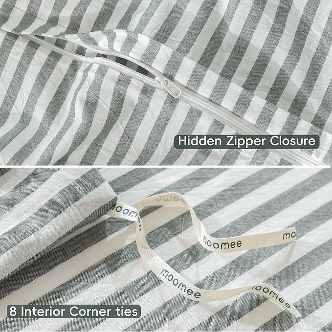 MooMee Striped Duvet Cover Set 100% Washed Cotton Linen Like Textured Breathable Durable Soft Comfy (Heathered Green Classic Stripes, Palatial King/Oversized King 120"x98")