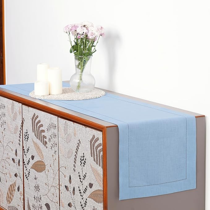 D'Moksha Homes Linen Powder Blue Table Runner 108 Inches Long - 100% Pure Linen 14 x 108 Inch Table Runner for Fall, Autumn and Halloween - Classic Hemstitch