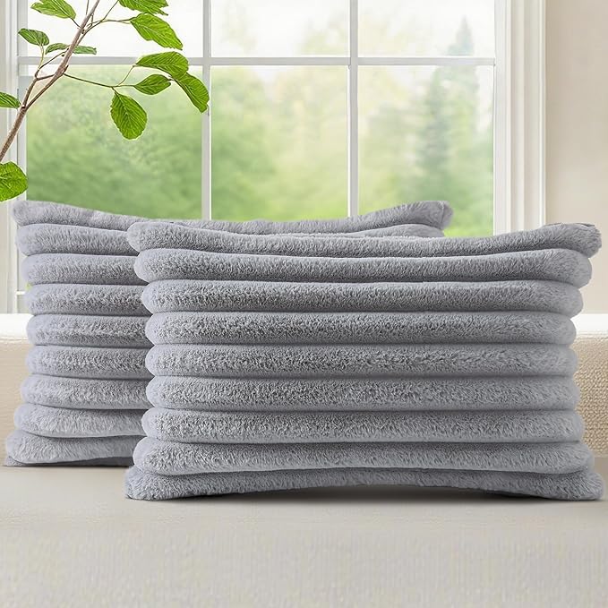 decorUhome Faux Fur Throw Pillow Covers 12x20 Set of 2, Decorative Soft Plush Striped Lumbar Neutral Couch Euro Pillow Covers with Velvet Back for Sofa, Bed, Living Room Home Decor, Grey