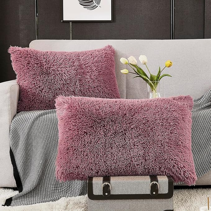 WERDIM Shaggy Fluffy Faux Fur Pillowcases 2 Pack Button Closure Velvet Pillow Shams King Size (Dusty Rose, 20 X 36 Inches)