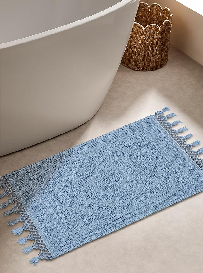 Savi Home Cotton Woven Jacquard Bathroom Rug Set of 2, Woven Fringe Bathroom Mats, 100% Cotton, Non - Slip Bath Mat, Durable Thick Bath Mat 17”x30”& 20"x38" with Fringes, Sky Blue