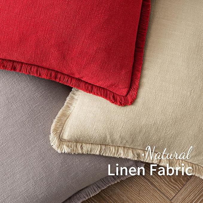 MIULEE Christmas Decorative Throw Pillow Covers Neutral Linen Fringe Throw Pillows Set of 2 Red Boho Farmhouse Cushion Covers with Tassels for Couch Sofa Bed Living Room Spring Home Decor 20x20 Inch