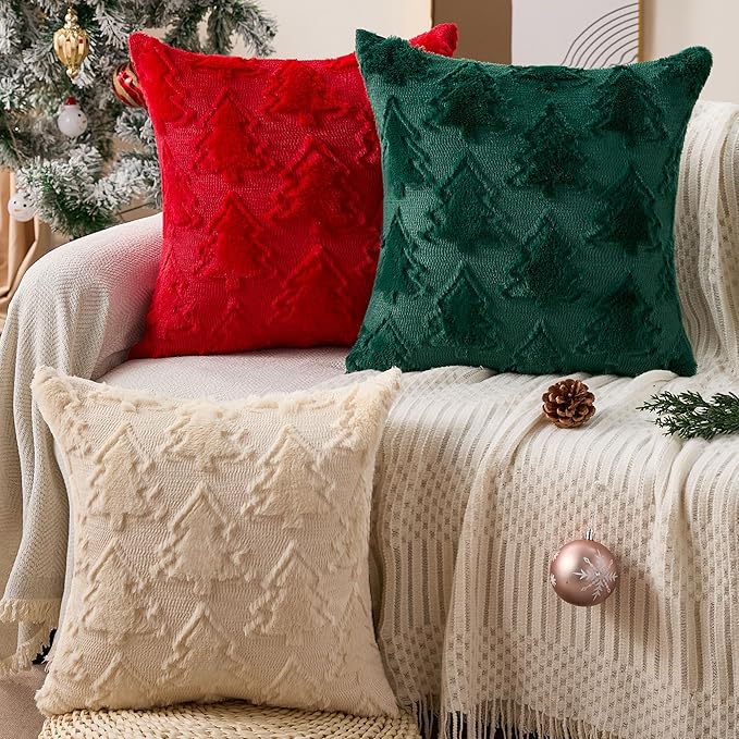 Christmas Pillow Covers 18x18 Set of 2 Beige Double Christmas Tree Decorations Pillow Covers Soft Plush Faux Fur Decor for Xmas Winter Holiday Home Bedroom Sofa Cushion Cases PT-016C18