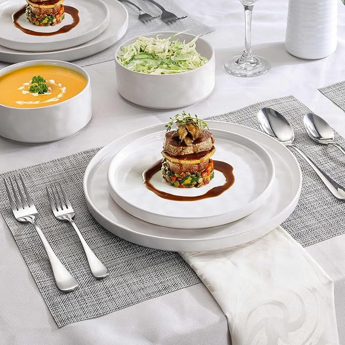 Porcelain Dinnerware Sets for 6, 24pcs High-sided Plates and Bowls Set, White Chip and Scratch Resistant Dinner Set - Dishwasher & Microwave Safe Dinging Dishes Set, QOMO-1996