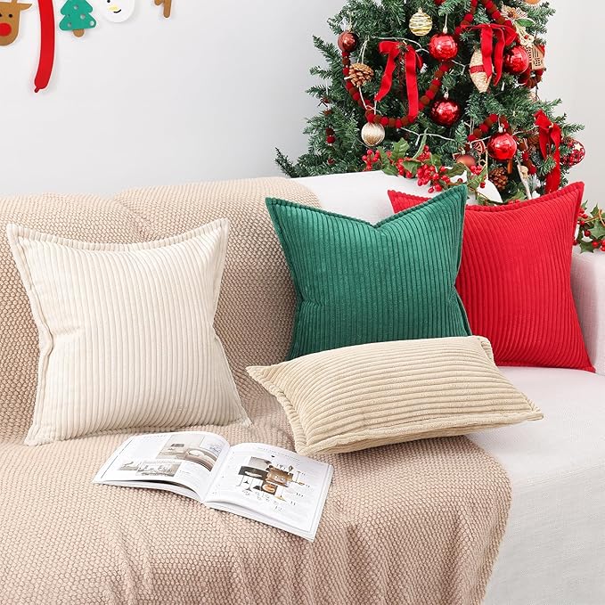 Mecatny Christmas Corduroy Throw Pillow Covers 12x20 Set of 2, Neutral Decorative Soft Boho Lumbar Couch Pillow Covers with Broadside for Sofa Living Room, Green